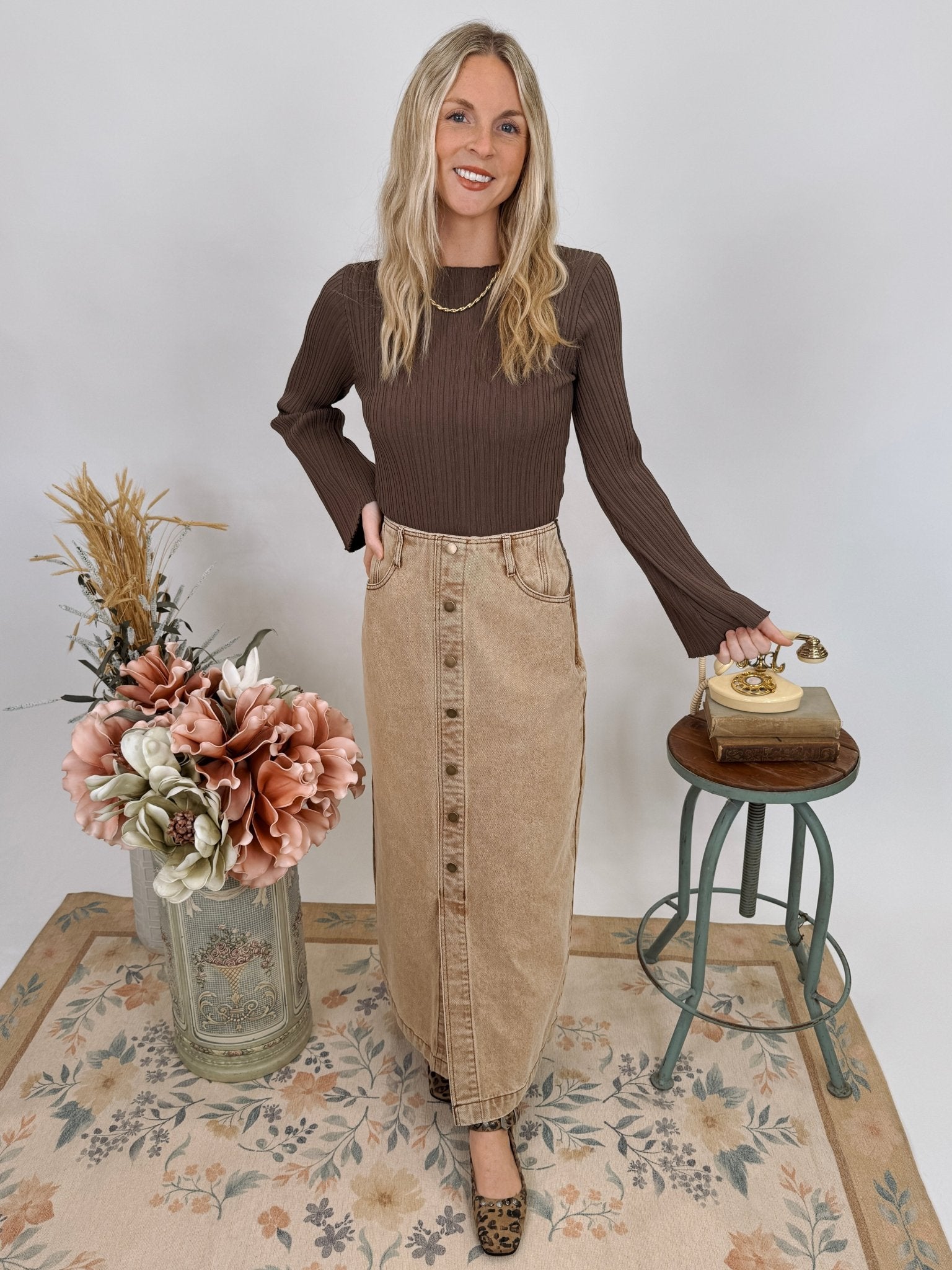 Stacy Button Front Washed Skirt - PAPER DOLL