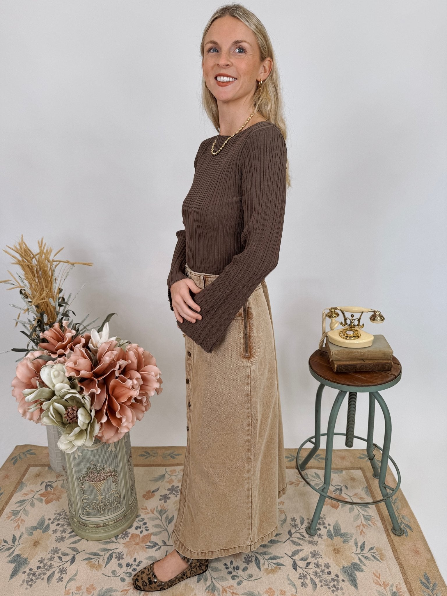 Stacy Button Front Washed Skirt - PAPER DOLL