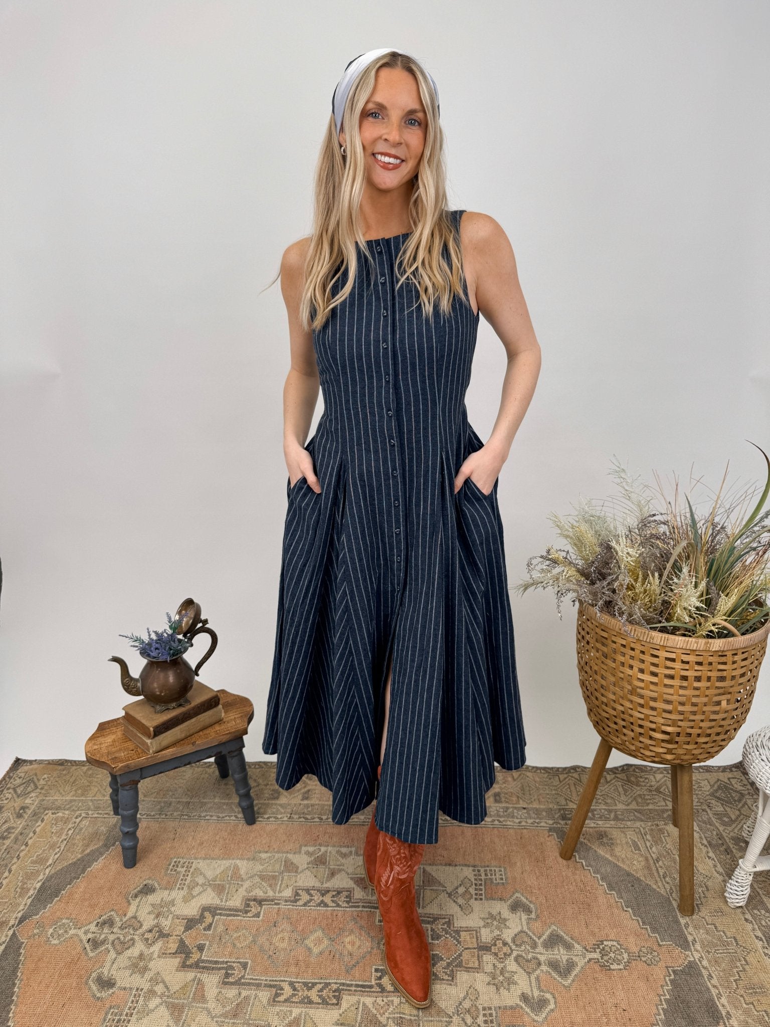 Elizabeth Linen Striped Midi Dress - PAPER DOLL