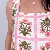Rita Square Neck Mini Dress in pink and olive tile block print floral with square neckline, wide straps, and A line silhouette