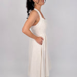 Crazy In Love Halter Neck Dress in natural oatmeal linen blend with halter neckline, fitted bodice, and flowy A line midi skirt