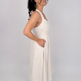 Crazy In Love Halter Neck Dress in natural oatmeal linen blend with halter neckline, fitted bodice, and flowy A line midi skirt