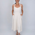Crazy In Love Halter Neck Dress in natural oatmeal linen blend with halter neckline, fitted bodice, and flowy A line midi skirt