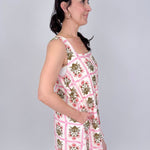 Rita Square Neck Mini Dress in pink and olive tile block print floral with square neckline, wide straps, and A line silhouette