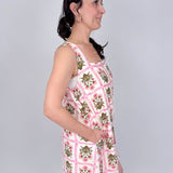 Rita Square Neck Mini Dress in pink and olive tile block print floral with square neckline, wide straps, and A line silhouette