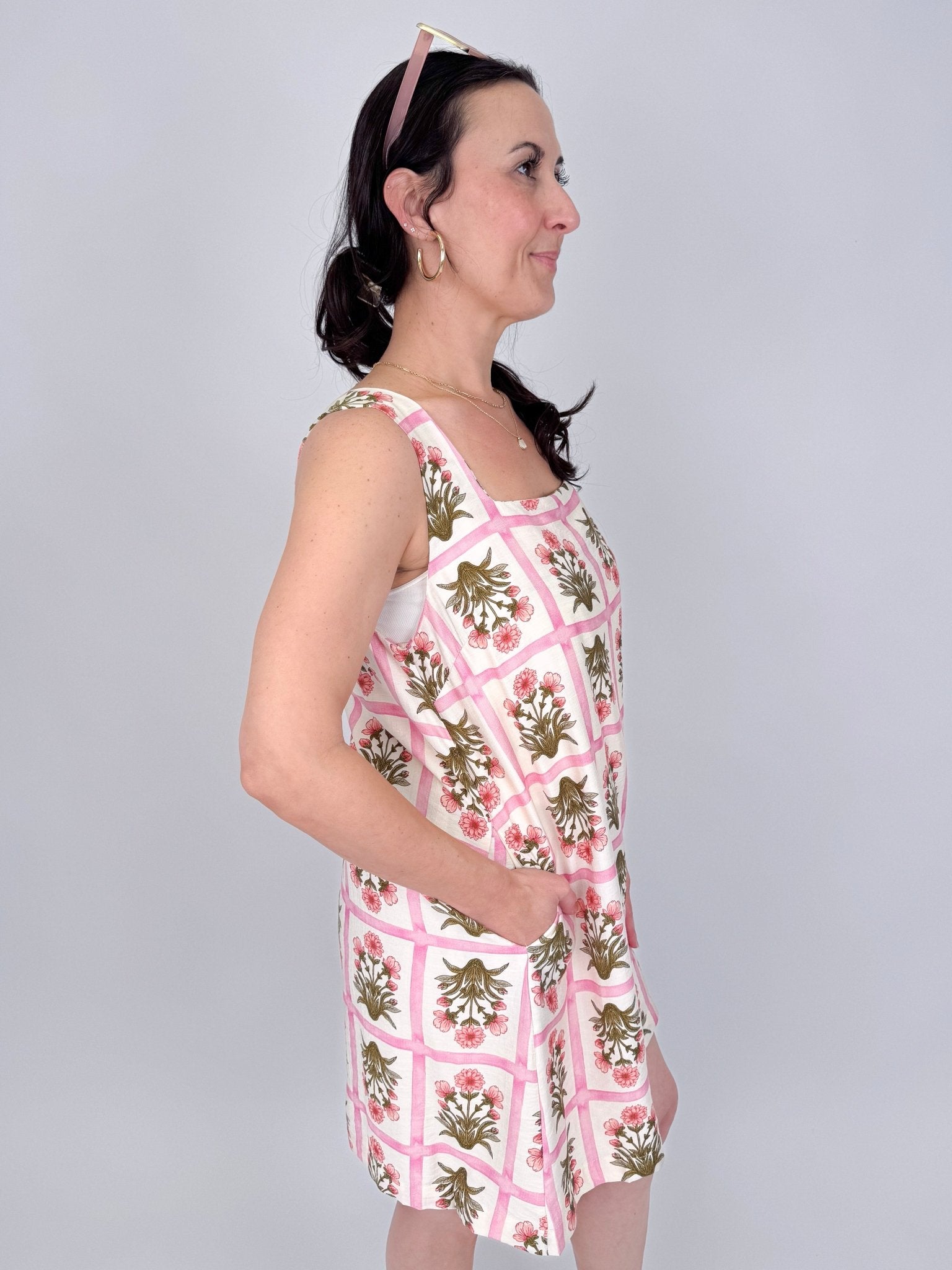 Rita Square Neck Mini Dress in pink and olive tile block print floral with square neckline, wide straps, and A line silhouette