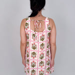 Rita Square Neck Mini Dress in pink and olive tile block print floral with square neckline, wide straps, and A line silhouette