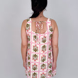 Rita Square Neck Mini Dress in pink and olive tile block print floral with square neckline, wide straps, and A line silhouette