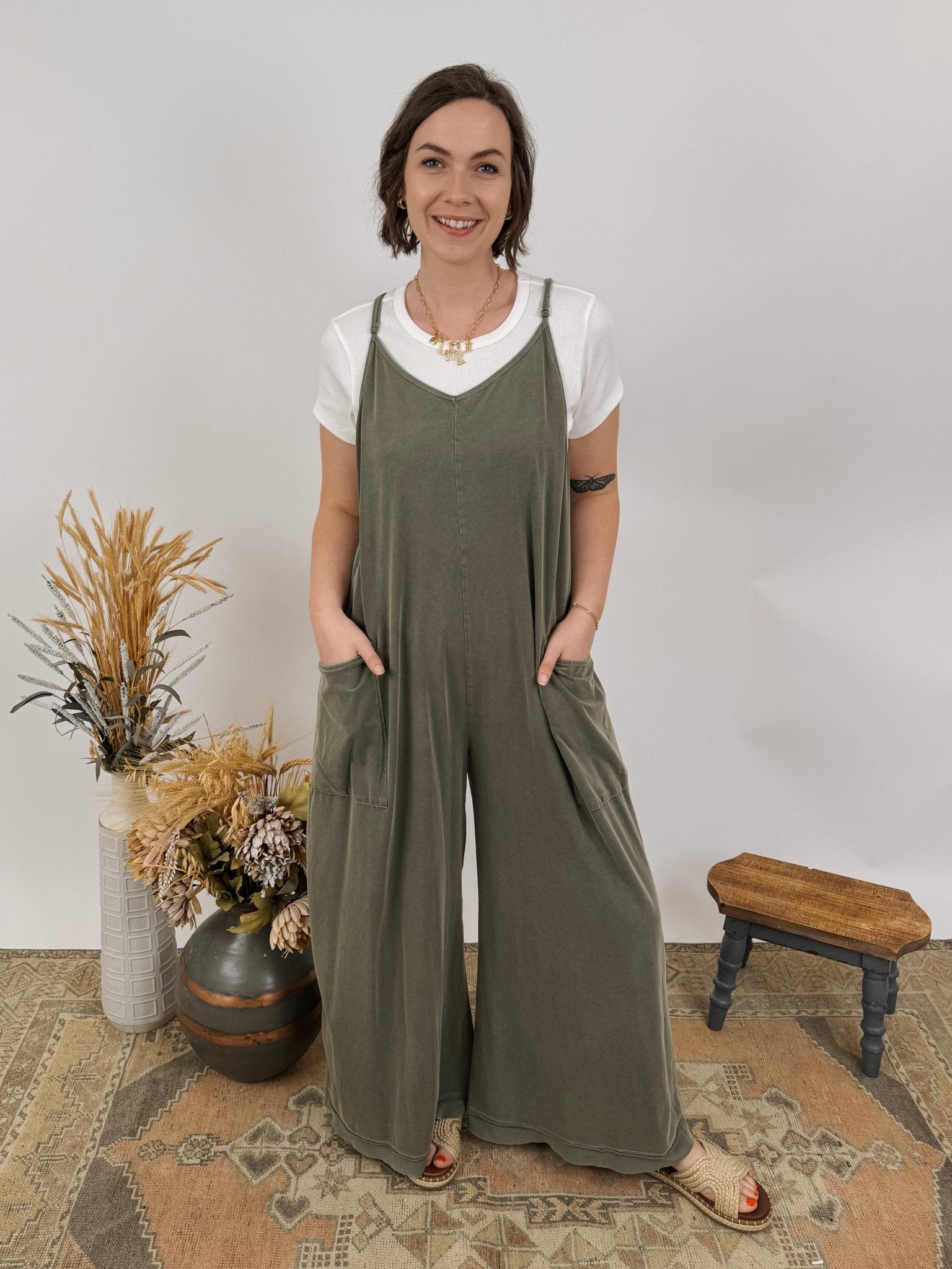 Olive Wide Leg Mineral Washed Jumper - PAPER DOLL