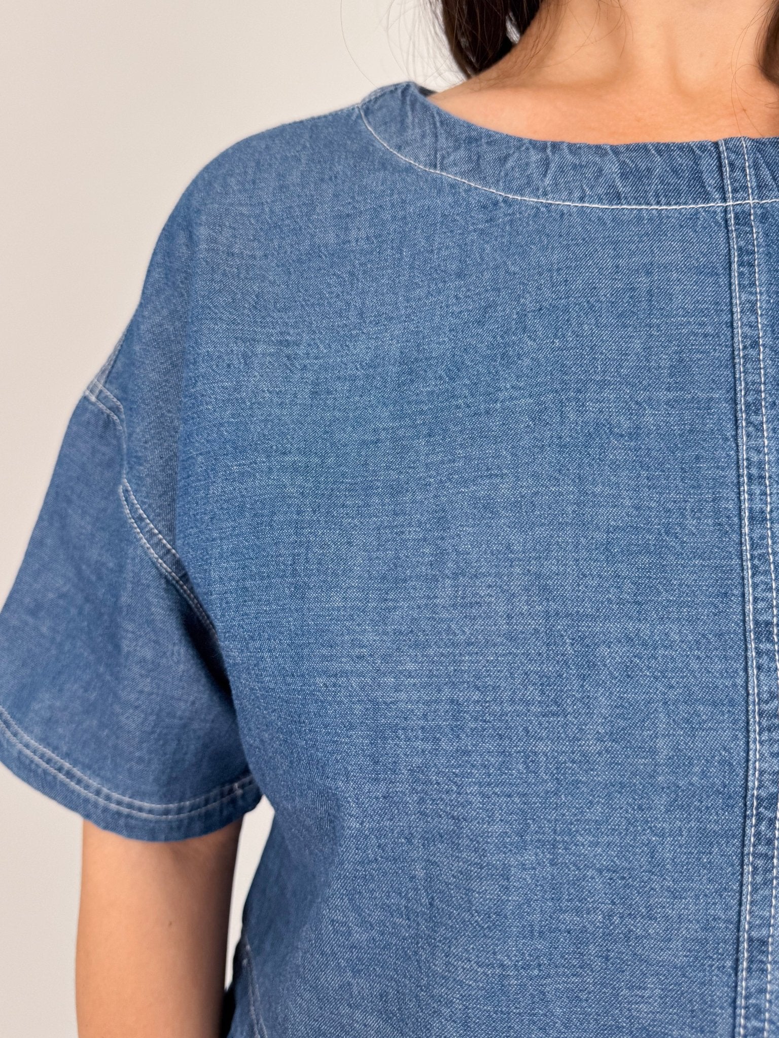 The Quiet Place Top & Skirt Set in medium wash chambray cotton with boxy cropped top and full pleated midi skirt