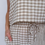 At The Start Top & Pant Set in tan and white gingham cotton with square neck tank and wide leg drawstring pants