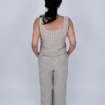 At The Start Top & Pant Set in tan and white gingham cotton with square neck tank and wide leg drawstring pants