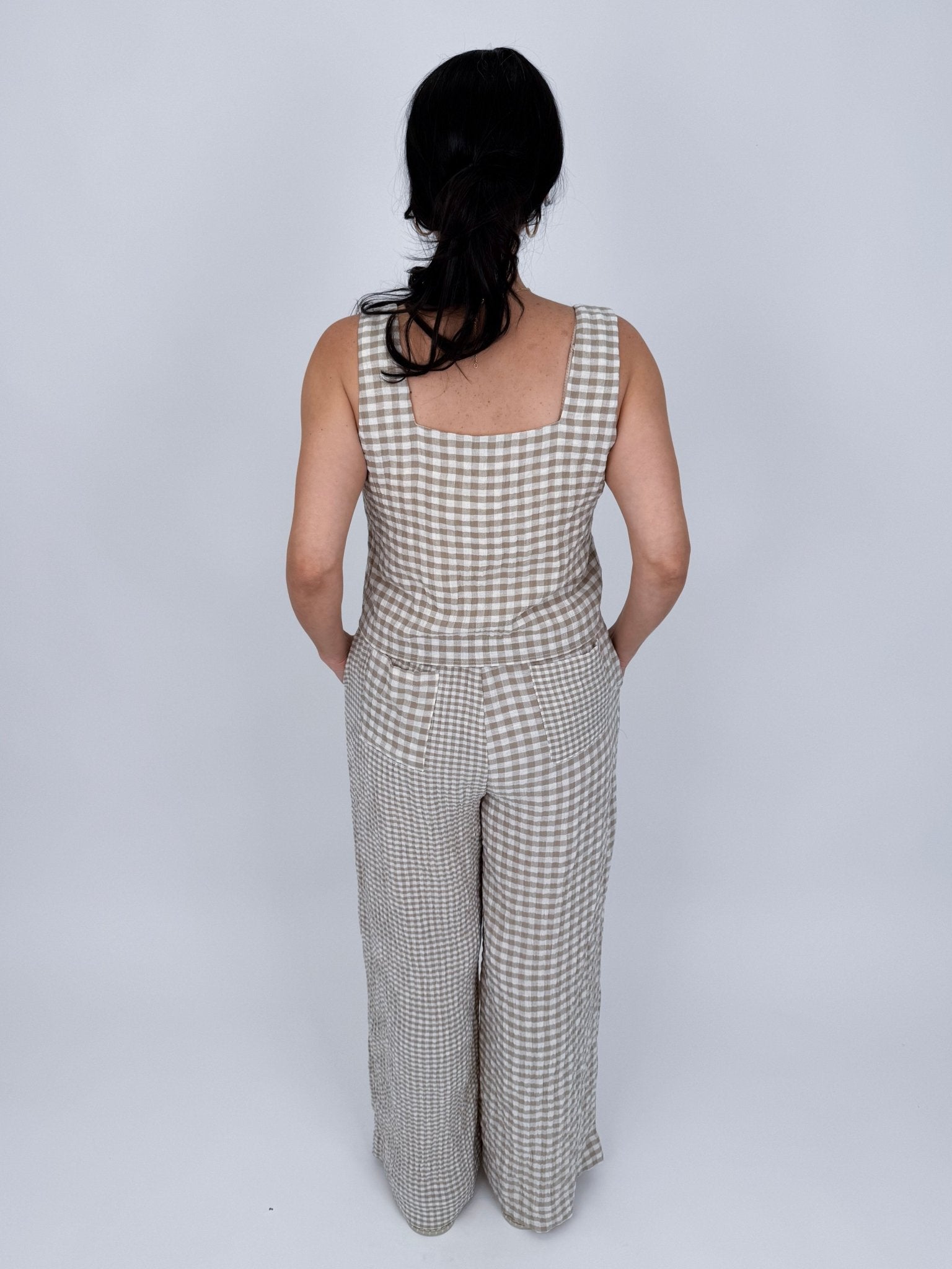 At The Start Top & Pant Set in tan and white gingham cotton with square neck tank and wide leg drawstring pants