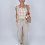 At The Start Top & Pant Set in tan and white gingham cotton with square neck tank and wide leg drawstring pants