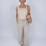 At The Start Top & Pant Set in tan and white gingham cotton with square neck tank and wide leg drawstring pants