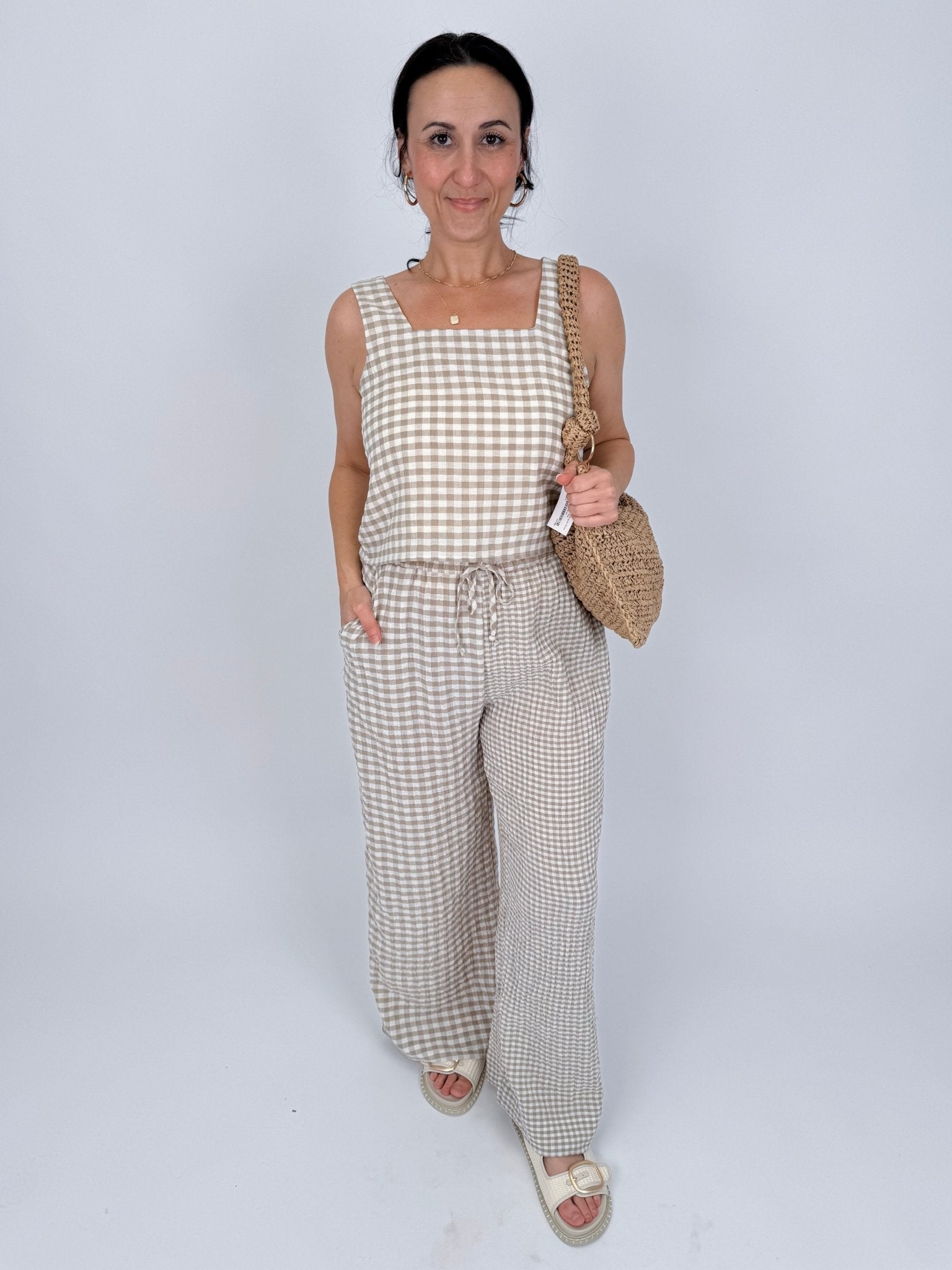 At The Start Top & Pant Set in tan and white gingham cotton with square neck tank and wide leg drawstring pants