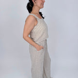 At The Start Top & Pant Set in tan and white gingham cotton with square neck tank and wide leg drawstring pants