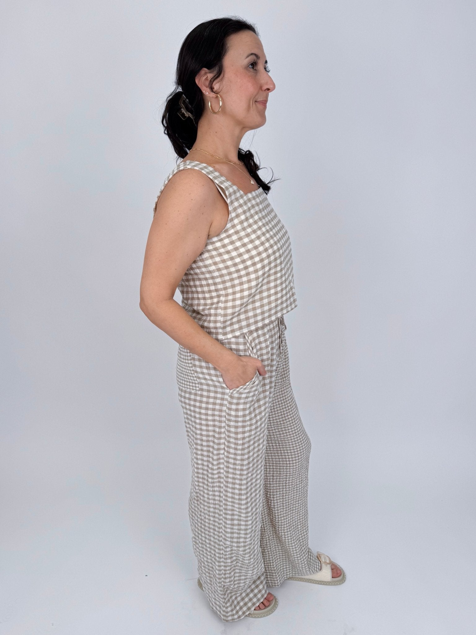 At The Start Top & Pant Set in tan and white gingham cotton with square neck tank and wide leg drawstring pants