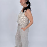 At The Start Top & Pant Set in tan and white gingham cotton with square neck tank and wide leg drawstring pants