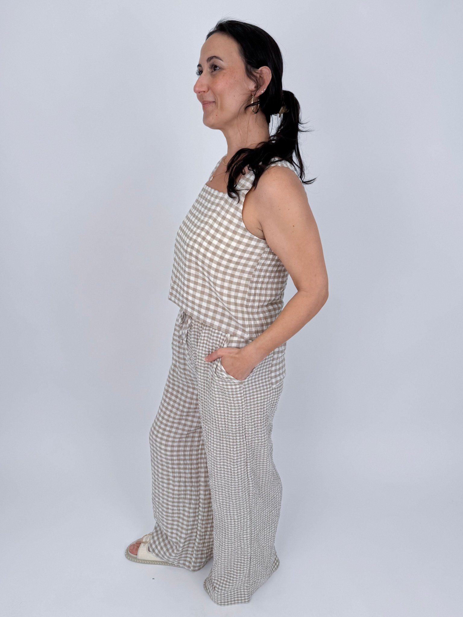 At The Start Top & Pant Set in tan and white gingham cotton with square neck tank and wide leg drawstring pants