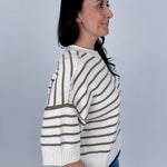 Juniper Striped Top in ivory and olive stripe cotton knit with crew neckline, short sleeves, and relaxed boxy fit