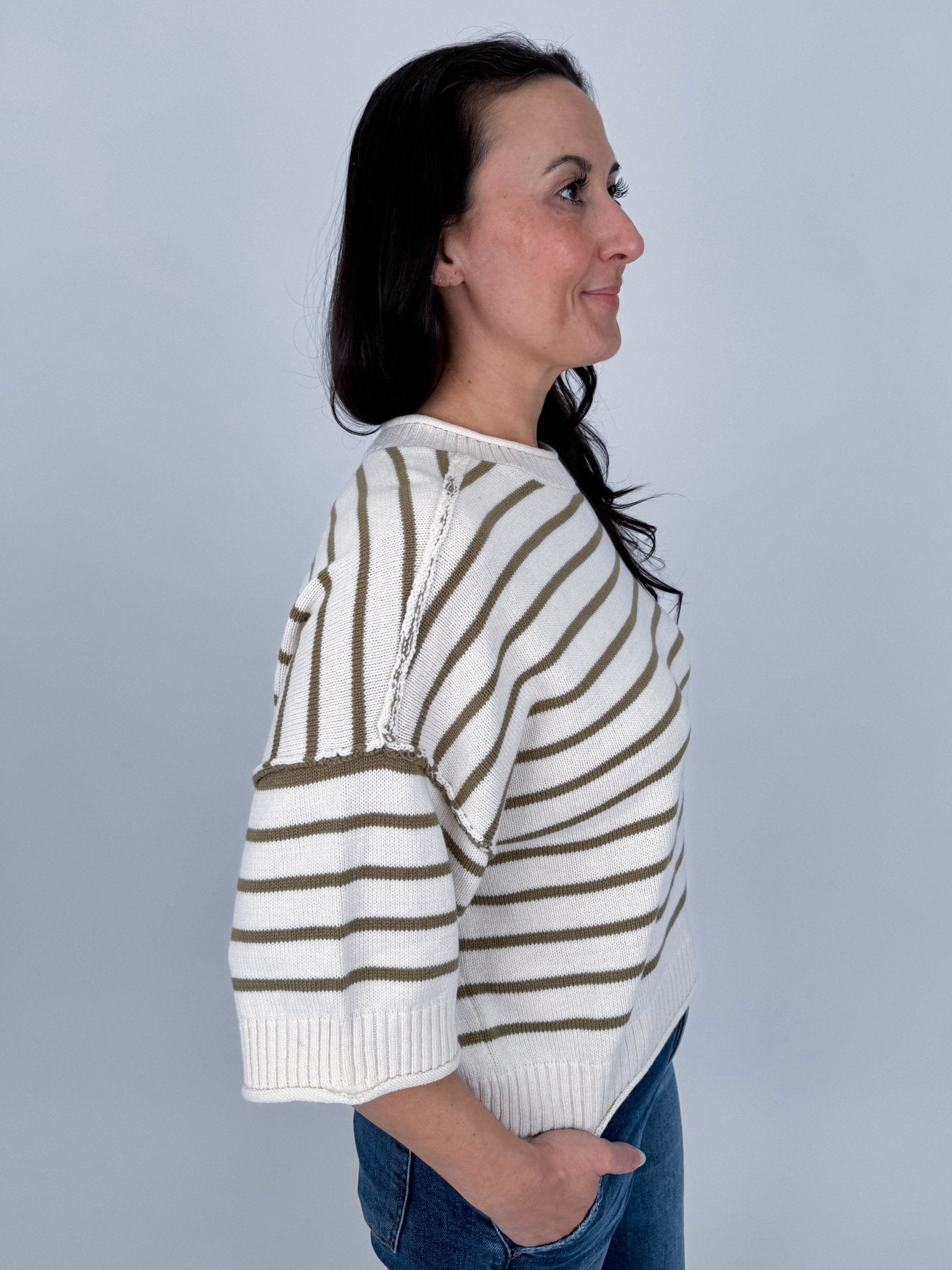 Juniper Striped Top in ivory and olive stripe cotton knit with crew neckline, short sleeves, and relaxed boxy fit