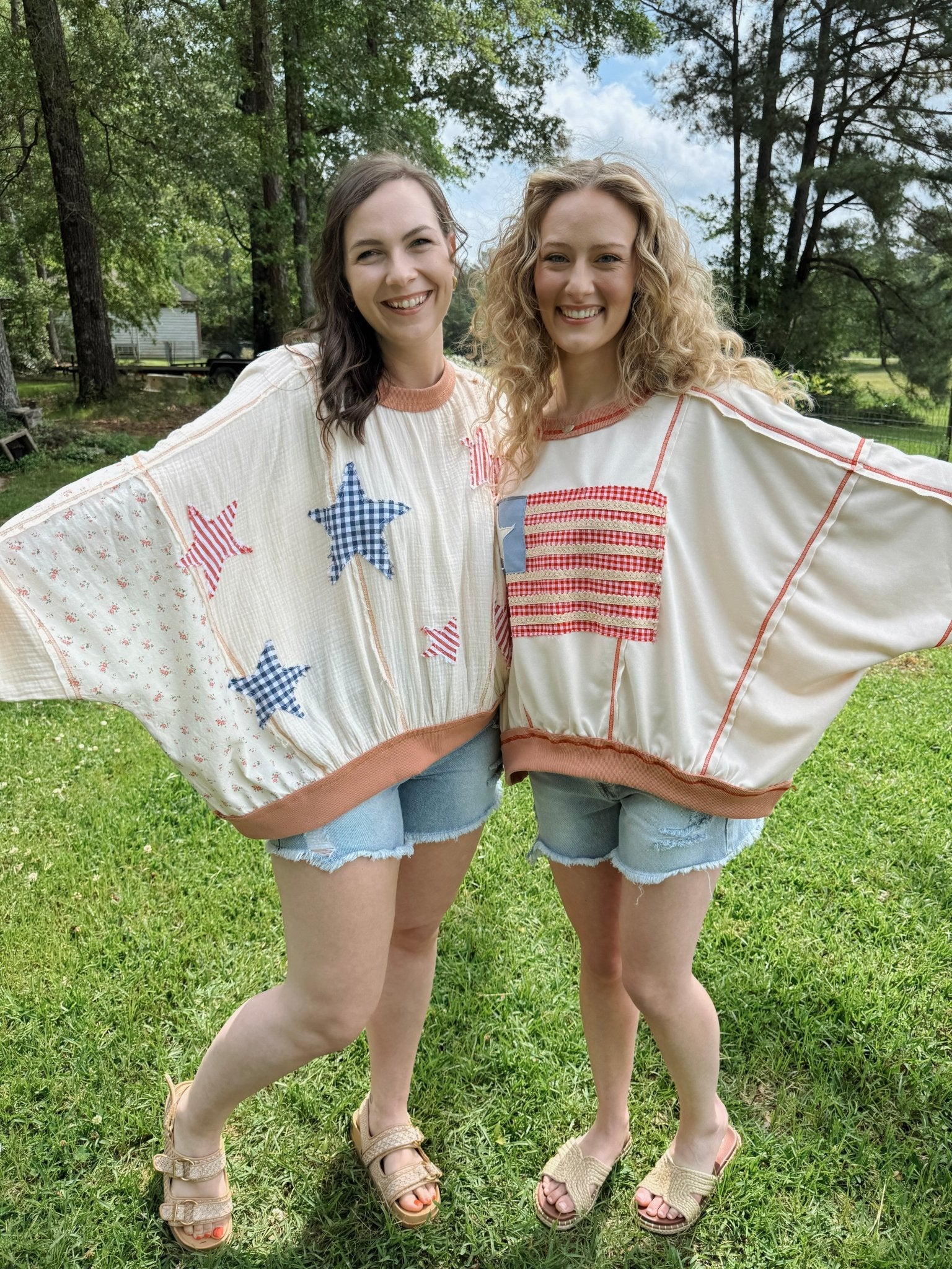 Free Bird Boho Knit Top with cream knit and gingham American flag appliqué — Paper Doll
