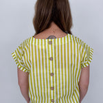 Missy Striped Top in lime green and white stripe with flutter sleeves and button-back closure — Paper Doll
