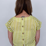 Missy Striped Top in lime green and white stripe with flutter sleeves and button-back closure — Paper Doll
