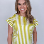 Missy Striped Top in lime green and white stripe with flutter sleeves and button-back closure — Paper Doll
