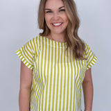 Missy Striped Top in lime green and white stripe with flutter sleeves and button-back closure — Paper Doll
