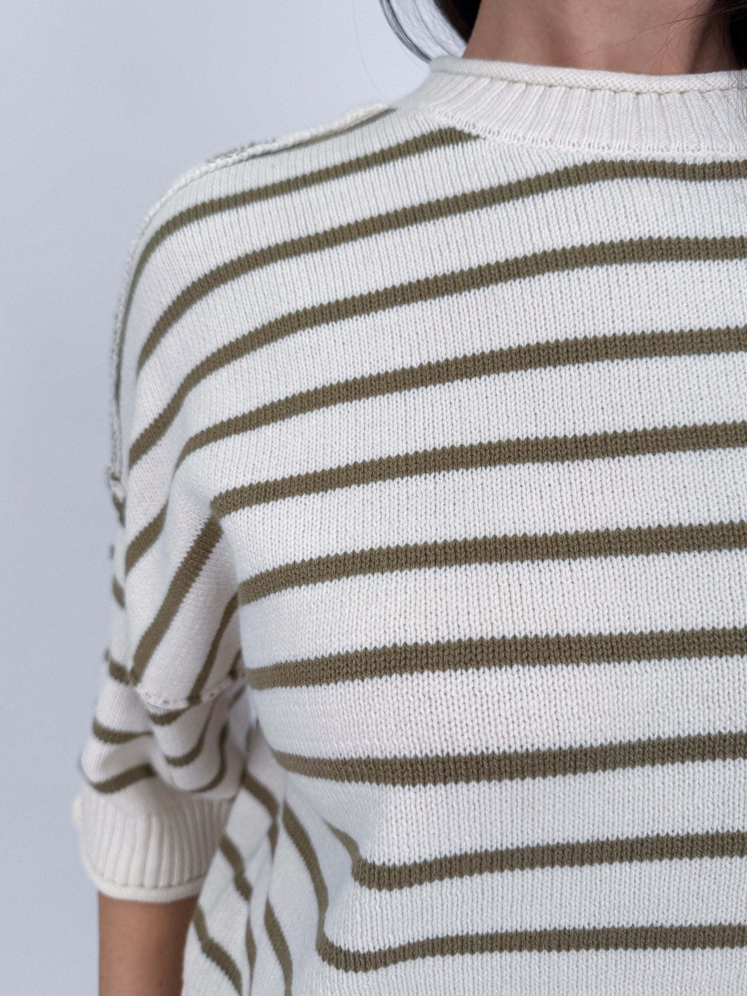 Juniper Striped Top in ivory and olive stripe cotton knit with crew neckline, short sleeves, and relaxed boxy fit