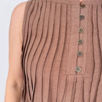 Betsey Pleated Blouse in mocha and off white with vertical pleated front, antique button detail, and raw frayed hem