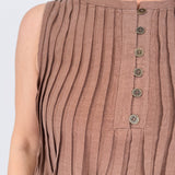Betsey Pleated Blouse in mocha and off white with vertical pleated front, antique button detail, and raw frayed hem