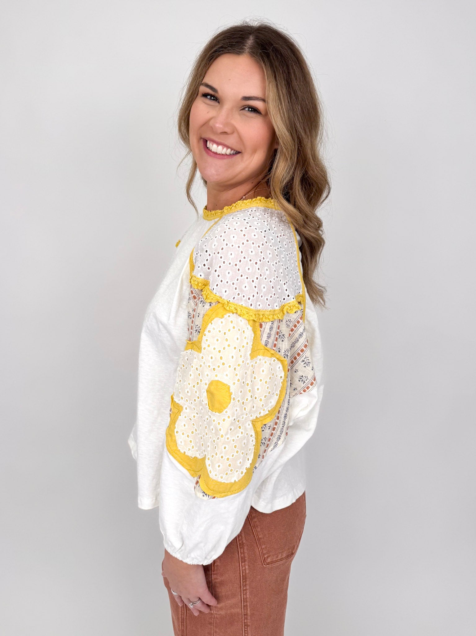 Keisha Flower Patched Sleeve Top - PAPER DOLL