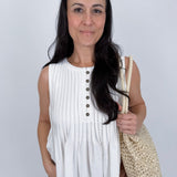 Betsey Pleated Blouse in mocha and off white with vertical pleated front, antique button detail, and raw frayed hem