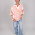 To See You Smile Stripe Top in pink multi stripe with ivory contrast panels, notch neckline, and relaxed boxy fit