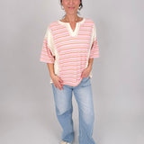 To See You Smile Stripe Top in pink multi stripe with ivory contrast panels, notch neckline, and relaxed boxy fit