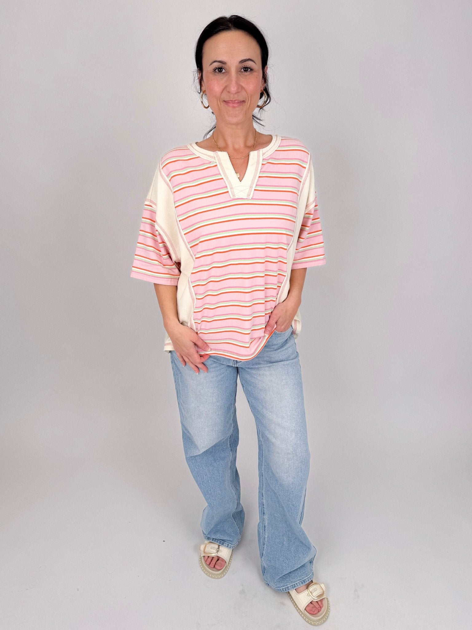 To See You Smile Stripe Top in pink multi stripe with ivory contrast panels, notch neckline, and relaxed boxy fit