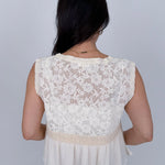 If You Wish Lace Detail Blouse in ivory with lace overlay bodice, tie front sweetheart neckline, crochet waist trim, and ribbed peplum hem