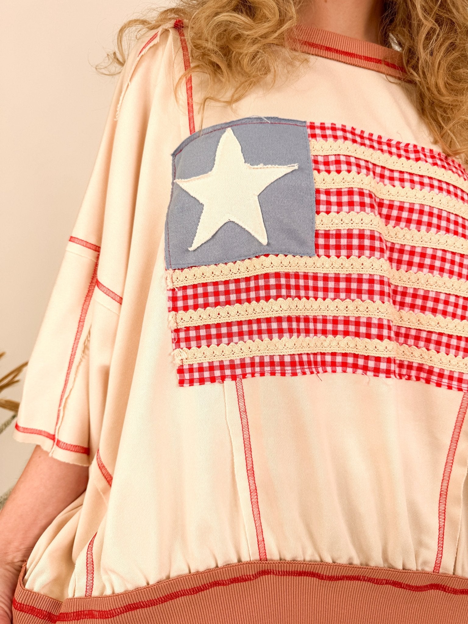 Free Bird Boho Knit Top with cream knit and gingham American flag appliqué — Paper Doll
