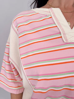 To See You Smile Stripe Top in pink multi stripe with ivory contrast panels, notch neckline, and relaxed boxy fit