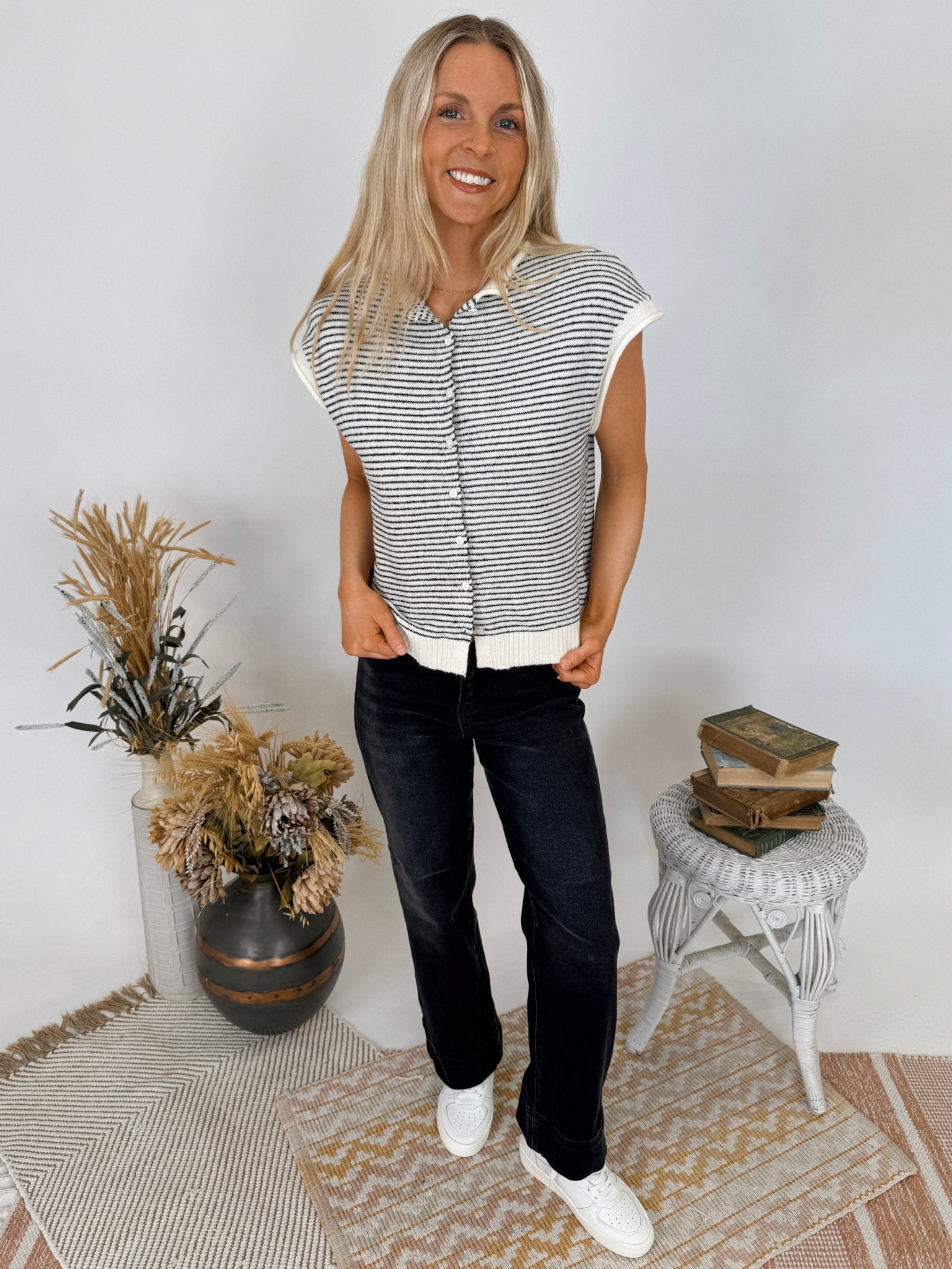 Leona Striped Sweater Vest Cardigan - PAPER DOLL