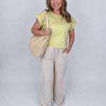 Missy Striped Top in lime green and white stripe with flutter sleeves and button-back closure — Paper Doll
