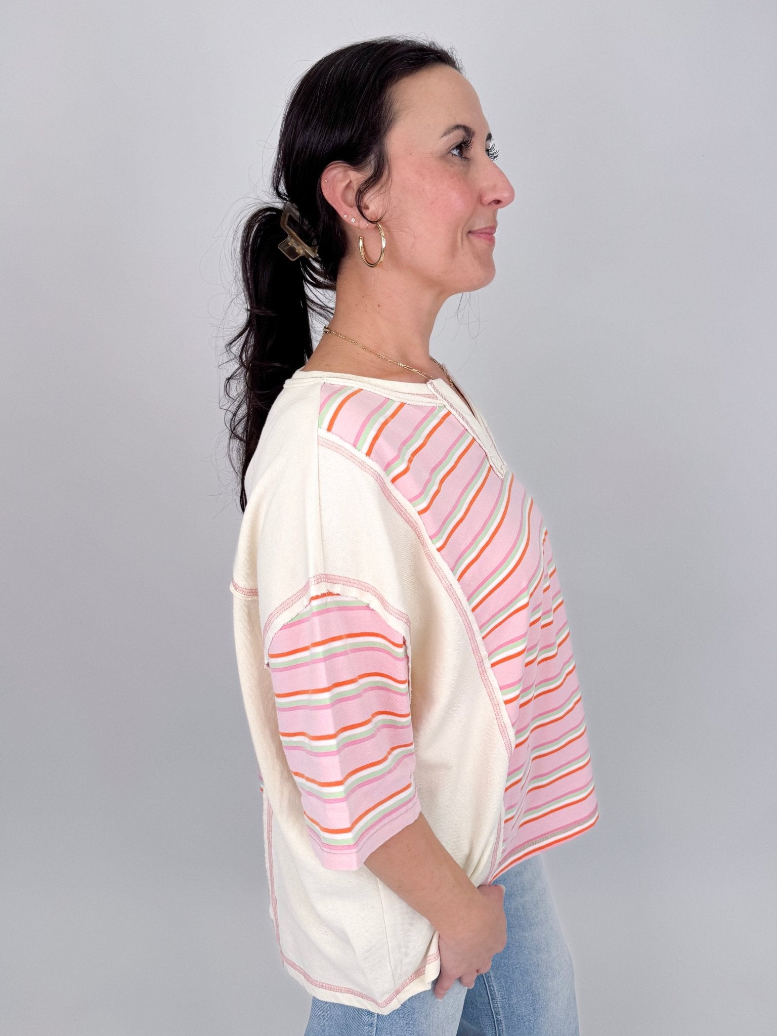 To See You Smile Stripe Top in pink multi stripe with ivory contrast panels, notch neckline, and relaxed boxy fit