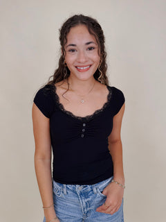 Maelle Lace Trim Henley Knit Top - PAPER DOLL