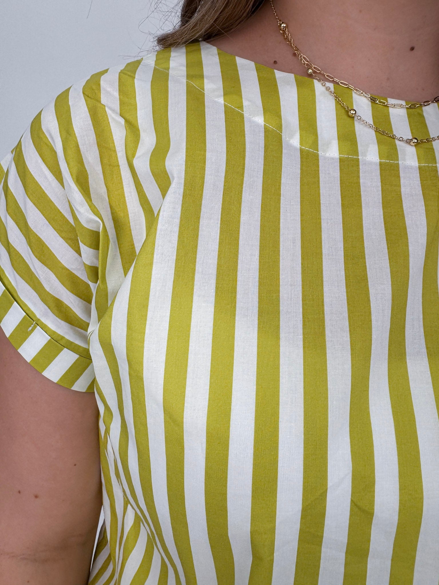 Missy Striped Top in lime green and white stripe with flutter sleeves and button-back closure — Paper Doll

