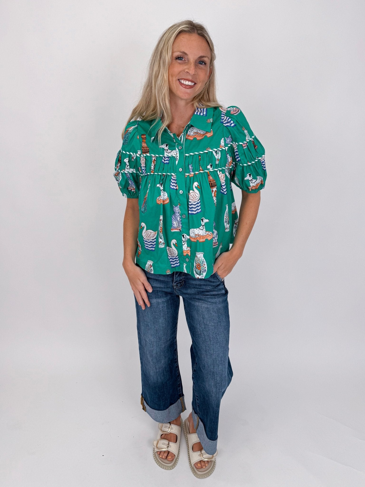 Puppies & Swans Button Up Top - PAPER DOLL