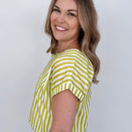 Missy Striped Top in lime green and white stripe with flutter sleeves and button-back closure — Paper Doll
