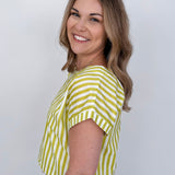 Missy Striped Top in lime green and white stripe with flutter sleeves and button-back closure — Paper Doll

